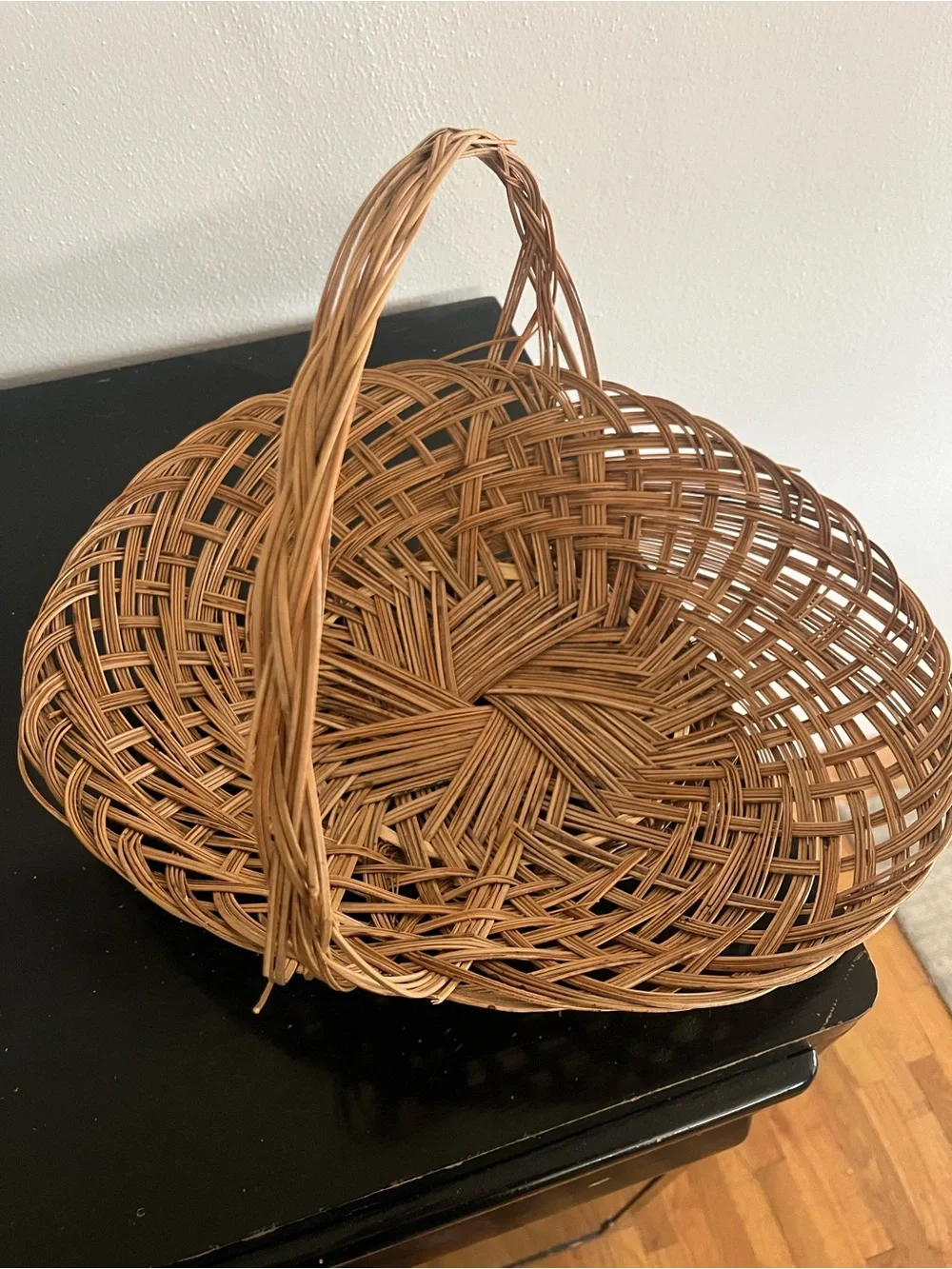 Authentic Vintage Rattan Handled Basket with Blue Lining and Decorative Floral